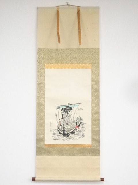 JAPANESE HANGING SCROLL / WOODBLOCK PRINT / SEVEN LUCKY GODS / BY TOMIKICHIRO TOKURIKI